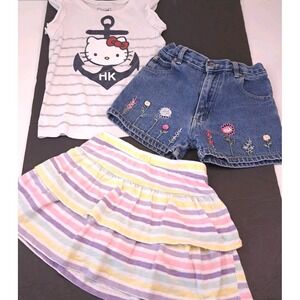 Lot Of 3 Girls Size 5 Summer Clothes Denim Shorts Skort Hello Kitty‎ Shirt